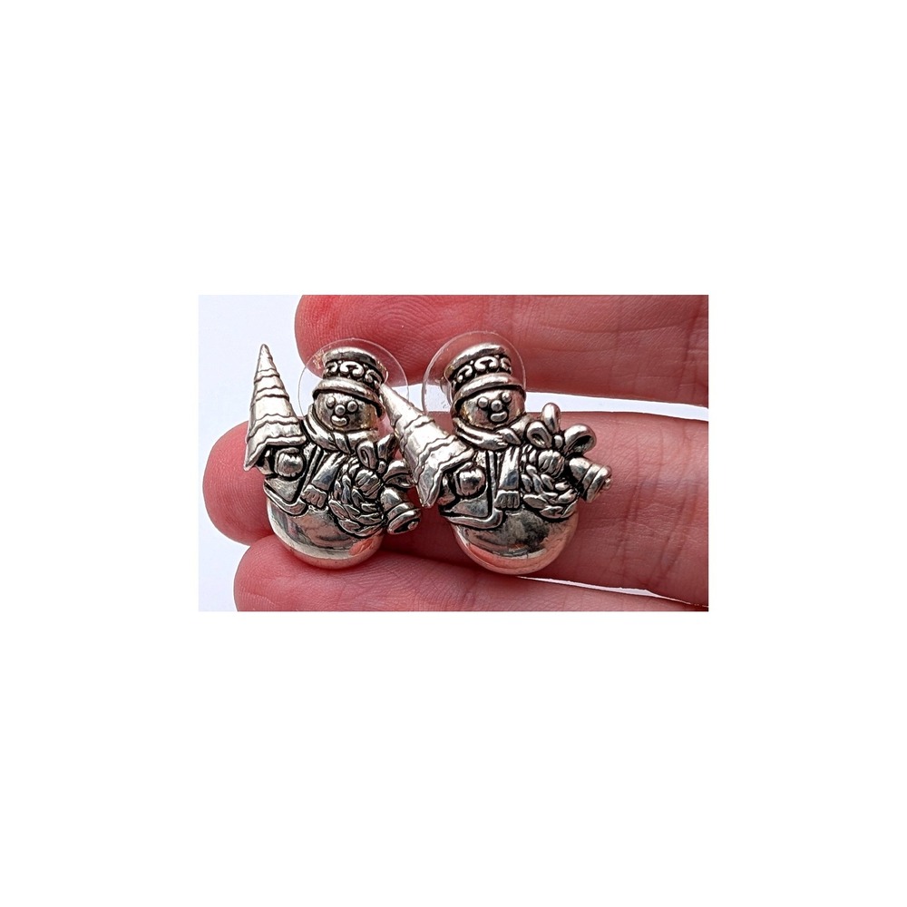 Silver Tone Snowman Stud Earrings Holiday Winter Christmas Jewelry 1 Inch